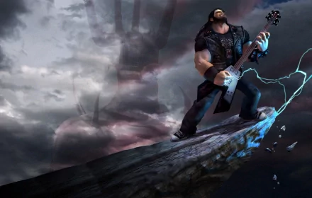 HD PC desktop wallpaper featuring a character from the video game Brutal Legend wielding an electrified guitar atop a rocky ledge against a stormy sky.