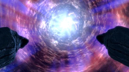 HD PC desktop wallpaper of Sovngarde from The Elder Scrolls V: Skyrim, featuring a radiant, swirling sky viewed from dark stone pillars.