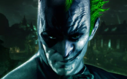 A striking HD wallpaper featuring the Joker from the video game Batman: Arkham City, showcasing his iconic features and menacing expression against a dark, atmospheric backdrop.
