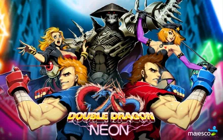 HD desktop wallpaper featuring Double Dragon Neon artwork with heroic characters and vibrant colors, by Majesco.