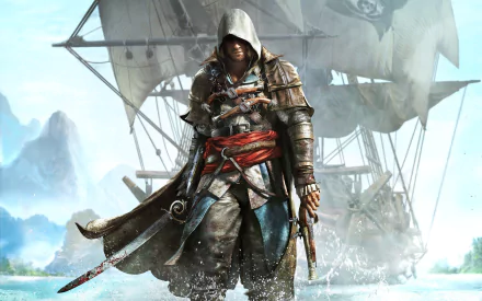 HD wallpaper of Edward Kenway from Assassin's Creed IV: Black Flag, standing defiantly on a beach with a ship in the background.