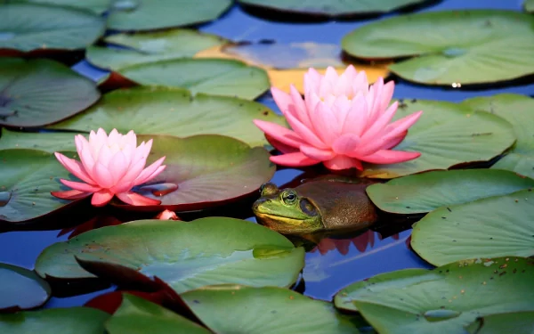 HD desktop wallpaper featuring a green frog resting among lily pads with blooming pink water lilies on a calm pond.