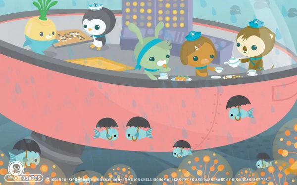 HD desktop wallpaper of The Octonauts characters inside their underwater vehicle, with fish swimming outside.