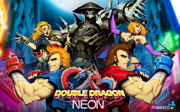 HD desktop wallpaper featuring Double Dragon Neon artwork with heroic characters and vibrant colors, by Majesco.