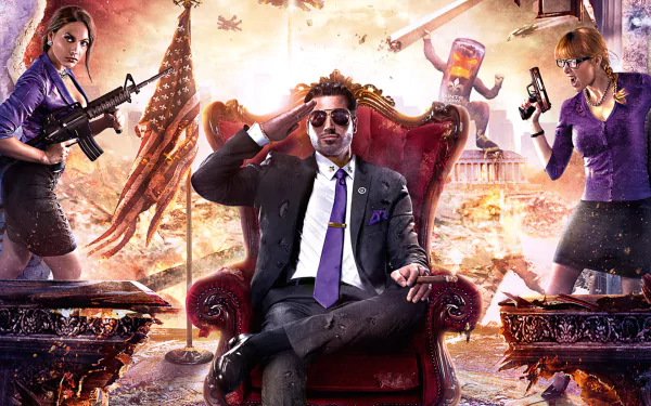 A dynamic HD wallpaper from Saints Row IV, featuring a confident character in a suit seated on a throne, flanked by two armed allies in a chaotic, stylized setting.