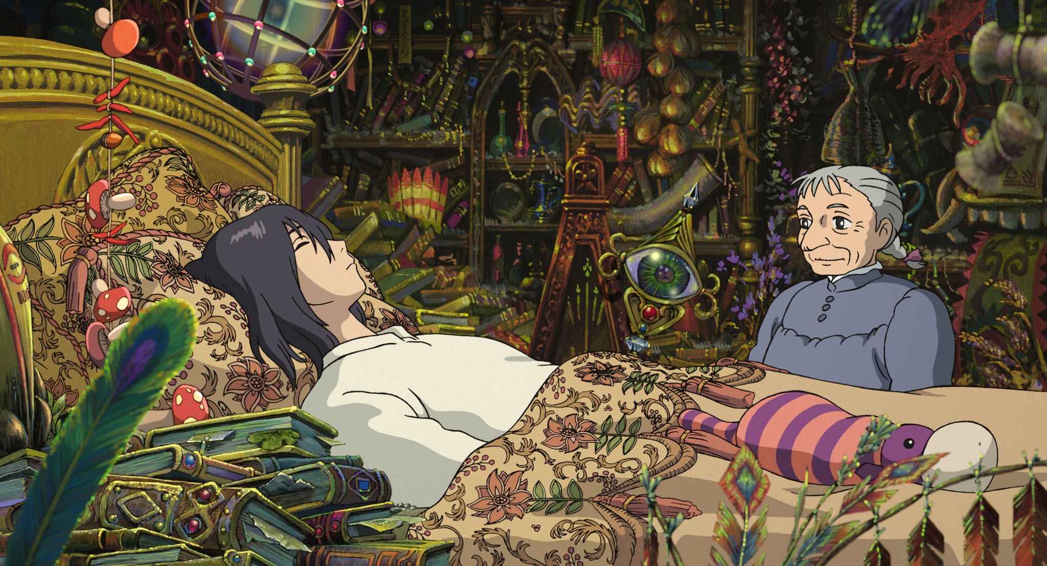 HD desktop wallpaper featuring a scene from Howl's Moving Castle with Sophie and a resting Howl in a colorful, detailed room.