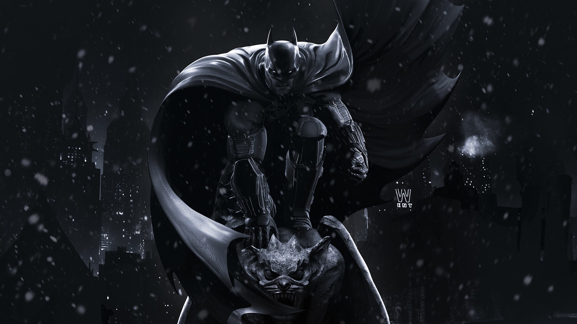 HD desktop wallpaper featuring Batman from Batman: Arkham Origins, set against a snowy, dark background.