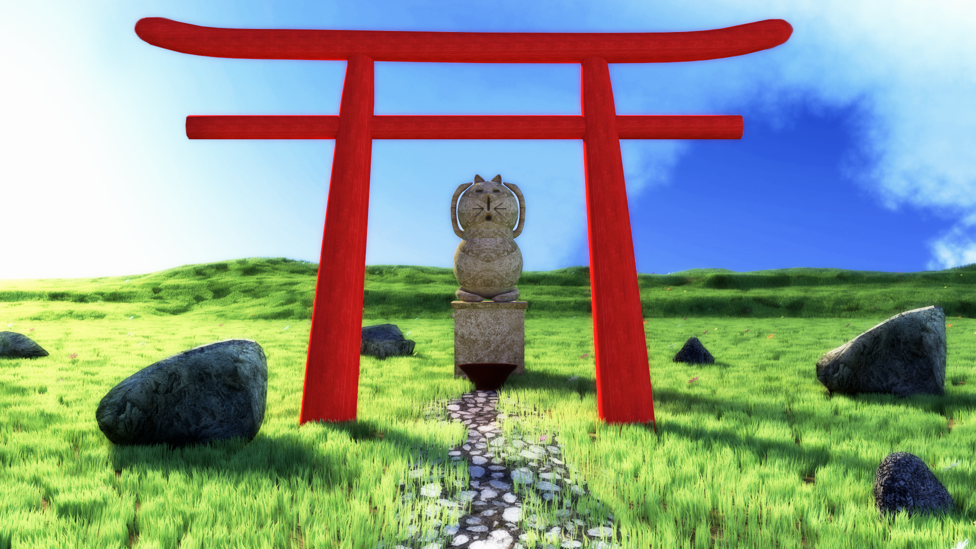 HD 3D art desktop wallpaper featuring a grassy landscape with a red torii gate, a stone cat statue, scattered rocks, and a bright blue sky with clouds.