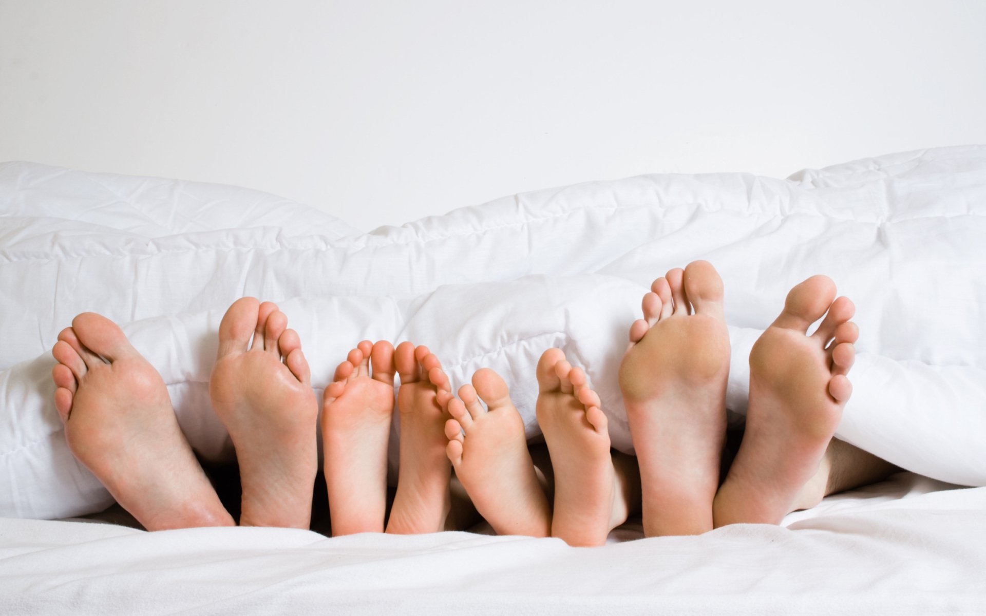 HD desktop wallpaper showing the bare feet of multiple people peeking out from under a white bed sheet, highlighting a cozy and relaxed moment in photography.