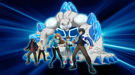 HD PC desktop wallpaper featuring characters from the TV show Monsuno, with a dynamic blue background and a large icy creature behind the team.