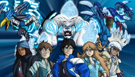 HD PC desktop wallpaper featuring main characters and creatures from the Monsuno TV show, showcasing dynamic poses and vibrant blue tones.