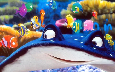 HD wallpaper featuring Mr. Ray from Finding Nemo with colorful fish and coral in the background.