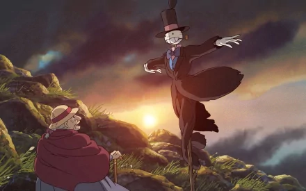 HD desktop wallpaper from Howl's Moving Castle featuring characters Sophie and Howl against a sunset backdrop.