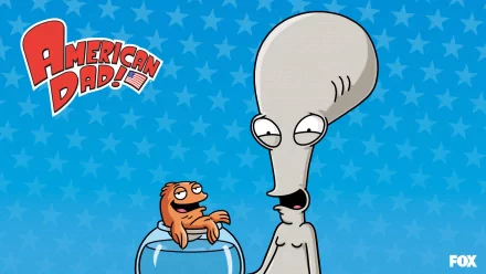 HD wallpaper of American Dad! featuring characters Roger the alien and Klaus the fish against a blue starry background.