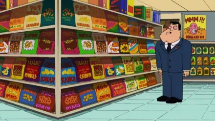 HD desktop wallpaper featuring a character from American Dad! standing in an aisle with various colorful snack boxes.
