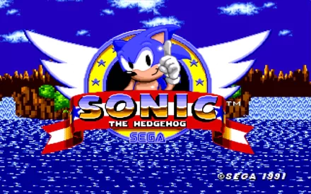 HD wallpaper featuring Sonic the Hedgehog from the 1991 video game, with a stylized title and Sega logo.