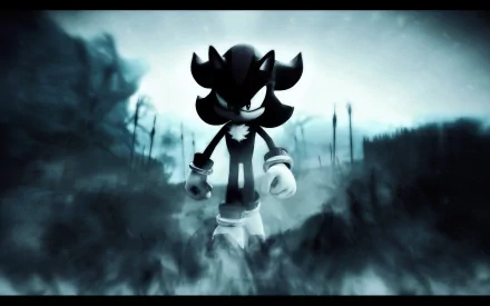 HD desktop wallpaper of Shadow the Hedgehog standing amidst mist with a moody, dark background.