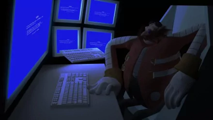 HD wallpaper featuring Doctor Eggman from Sonic the Hedgehog, slumped over a desk with multiple monitors displaying error screens.