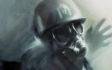 HD PC desktop wallpaper/background from the video game Metro: Last Light showing a gas‑masked soldier in a helmet and goggles reaching through a foggy, muted green‑gray haze.