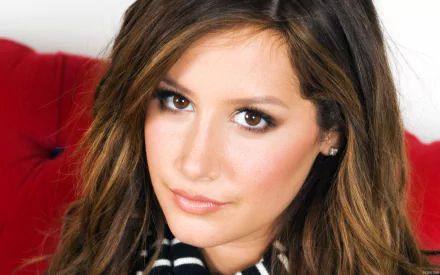 HD PC desktop wallpaper featuring a close-up of celebrity Ashley Tisdale with soft makeup and loose hair against a red background.