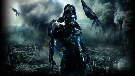 A striking HD wallpaper featuring Legion from Mass Effect 3, the grim reaper-like figure stands against a dark, chaotic cityscape, embodying the game's intense atmosphere.