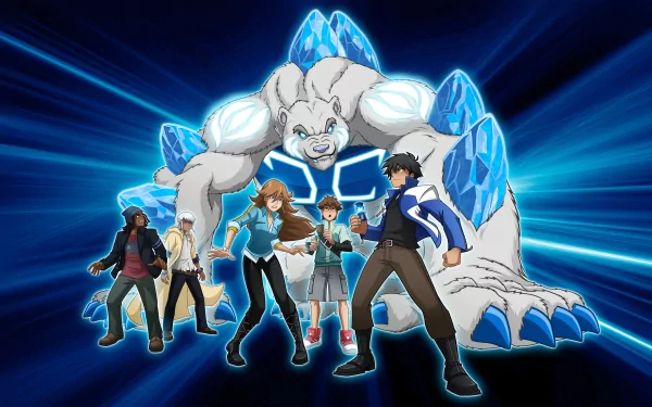 HD PC desktop wallpaper featuring characters from the TV show Monsuno, with a dynamic blue background and a large icy creature behind the team.