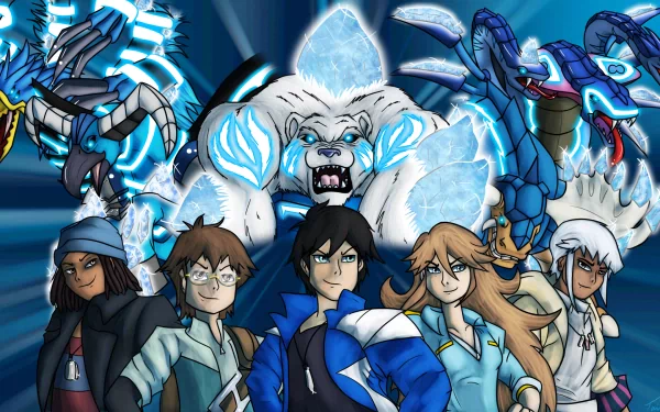HD PC desktop wallpaper featuring main characters and creatures from the Monsuno TV show, showcasing dynamic poses and vibrant blue tones.