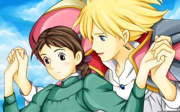 HD wallpaper of Howl's Moving Castle with main characters Sophie and Howl against a blue sky background.