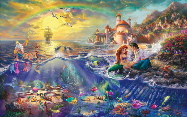 HD wallpaper from The Little Mermaid featuring Ariel and Prince Eric with a vibrant underwater kingdom and a rainbow.