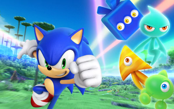 HD desktop wallpaper featuring Sonic the Hedgehog from Sonic Colors, with colorful Wisps in the background.
