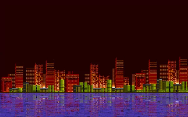 HD desktop wallpaper featuring a pixelated cityscape from Sonic The Hedgehog 2 with vibrant reflections on water.