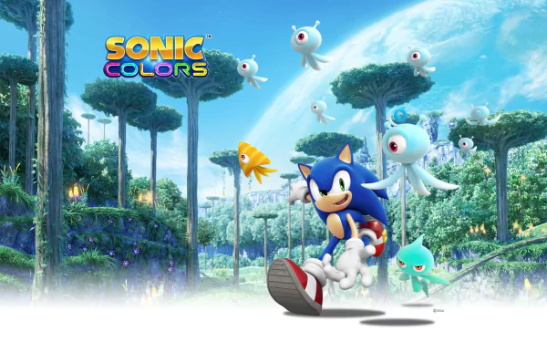 HD wallpaper featuring Sonic the Hedgehog from Sonic Colors, running with wisps in a vibrant forest background.