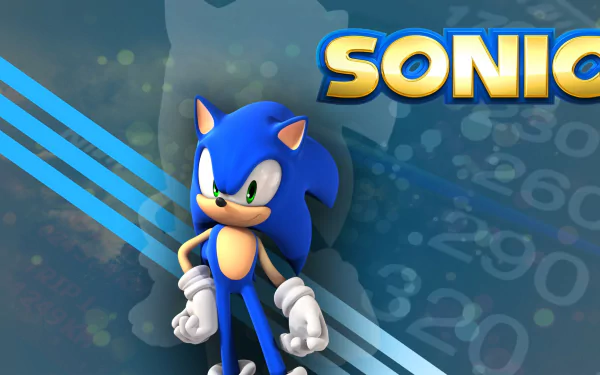 HD desktop wallpaper of Sonic the Hedgehog from Sonic Unleashed, with Sonic posing confidently against a stylized backdrop.