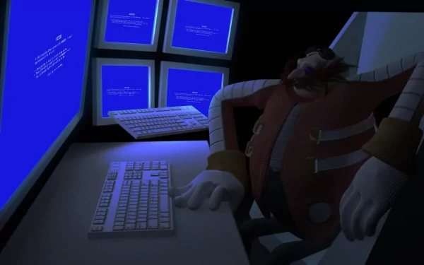 HD wallpaper featuring Doctor Eggman from Sonic the Hedgehog, slumped over a desk with multiple monitors displaying error screens.