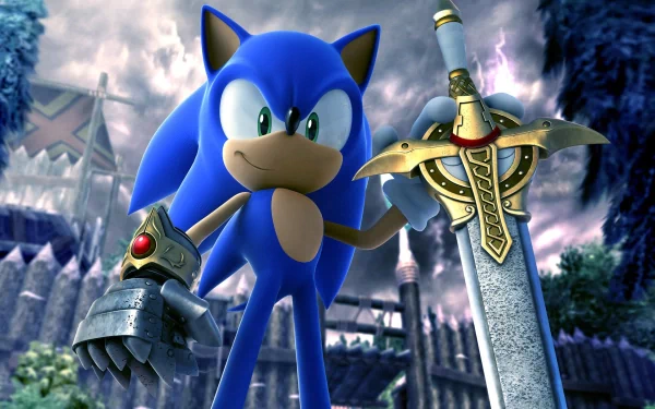 HD wallpaper of Sonic the Hedgehog from Sonic and the Black Knight, holding a sword with a medieval backdrop.