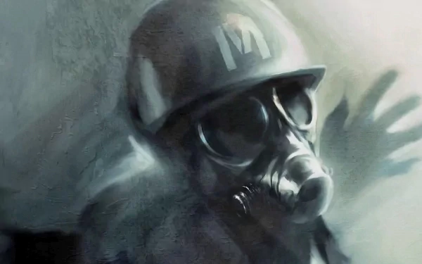HD PC desktop wallpaper/background from the video game Metro: Last Light showing a gas‑masked soldier in a helmet and goggles reaching through a foggy, muted green‑gray haze.
