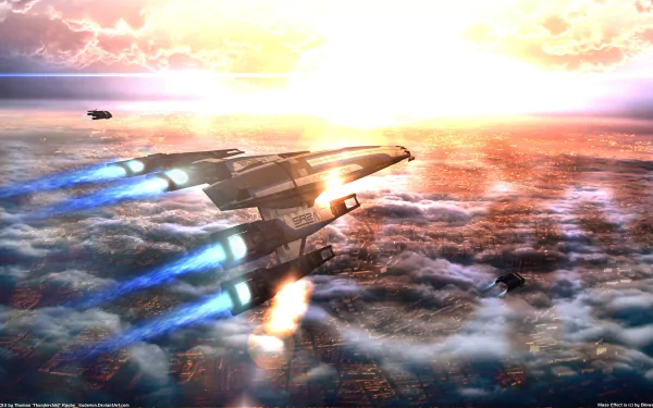 HD desktop wallpaper of the Normandy SR-2 from Mass Effect soaring through a vibrant sky at sunset, tagged with Normandy SR-2, video game, Mass Effect.
