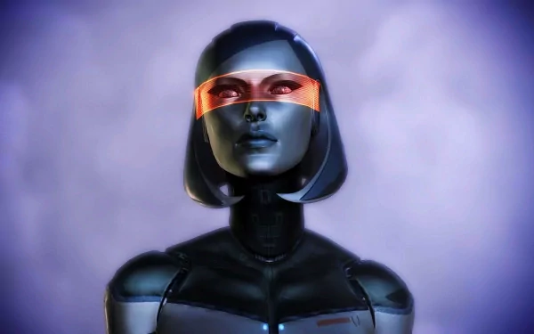 HD PC desktop wallpaper of EDI (Mass Effect) from the video game Mass Effect 3: a sleek humanoid robot with black chrome plating and a glowing orange visor against a misty purple backdrop.