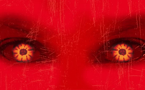 HD PC desktop wallpaper/background — movie 28 Days Later: intense red close-up of glowing yellow-orange eyes with cracked, scratched texture.