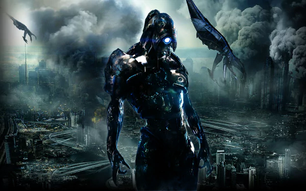 A striking HD wallpaper featuring Legion from Mass Effect 3, the grim reaper-like figure stands against a dark, chaotic cityscape, embodying the game's intense atmosphere.