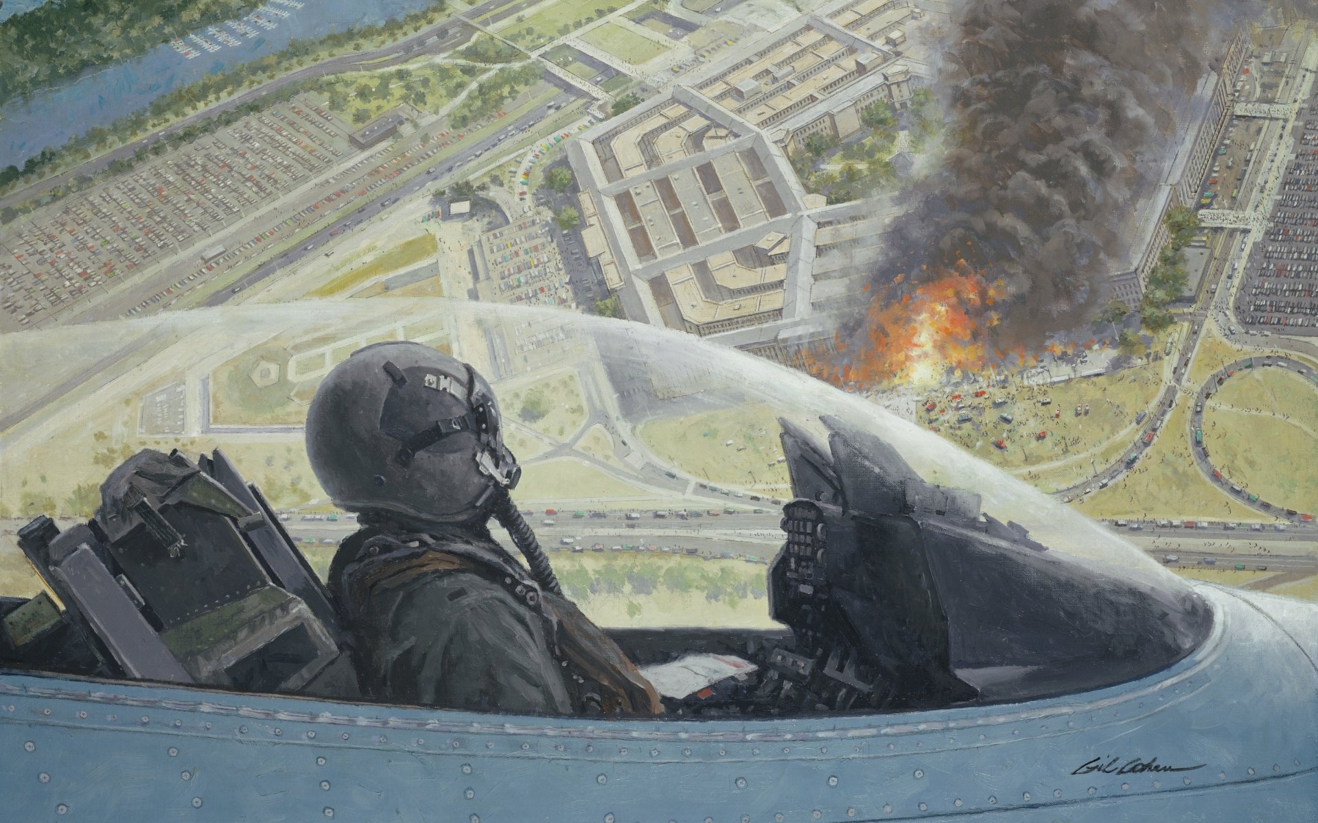 Military: pilot in a General Dynamics F-16 Fighting Falcon cockpit flying over a city with a burning crash and billowing smoke — 2K Quad HD PC desktop wallpaper/background.