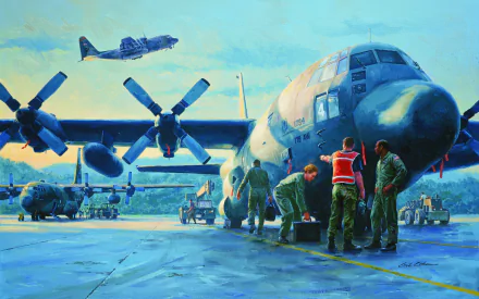 4K Ultra HD desktop wallpaper featuring military personnel and Lockheed C-130 Hercules aircraft on an airfield at dawn with one plane taking off.