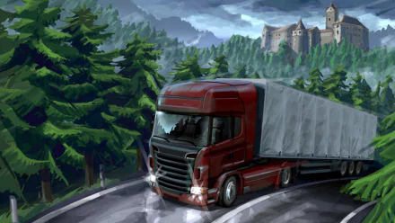 HD desktop wallpaper from Euro Truck Simulator 2 depicting a red truck navigating a scenic forested road with a majestic castle in the background.