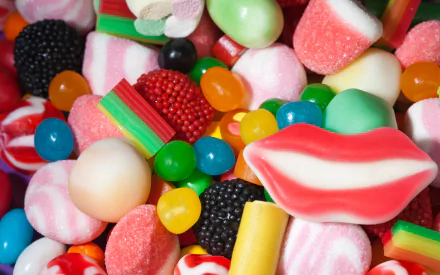 A vibrant assortment of colorful candies, including gummy bears, lollipops, and other sweets, creates a delightful and enticing HD desktop wallpaper and background.