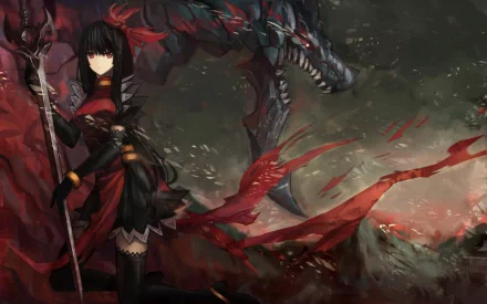 HD wallpaper featuring an anime girl with black hair, dressed in a dark battle outfit, standing confidently with a spear against a backdrop of a fierce dragon and a dramatic, blood-red sky.