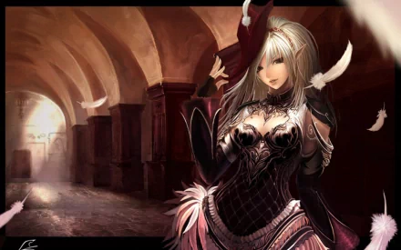 A stunning HD desktop wallpaper featuring an anime girl in a stylish outfit, set against an atmospheric backdrop with soft lighting and delicate feathers drifting through the air.