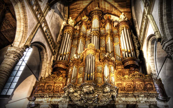 2K Quad HD PC desktop wallpaper: dramatic musical baroque pipe organ in a cathedral, gilded pipes and ornate stone arches bathed in warm light.