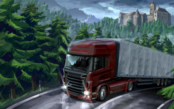 HD desktop wallpaper from Euro Truck Simulator 2 depicting a red truck navigating a scenic forested road with a majestic castle in the background.