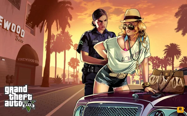 HD desktop wallpaper featuring artwork from Grand Theft Auto V, showing a female police officer arresting a woman in front of the Vinewood sign during sunset.