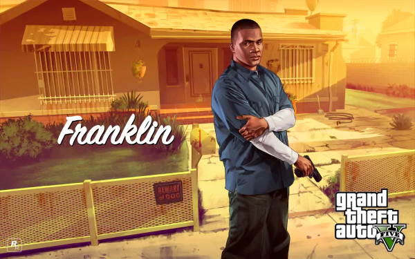 Franklin Clinton stands in front of a house in this HD wallpaper from Grand Theft Auto V, capturing the game's distinctive art style and urban atmosphere.